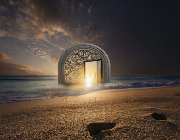 Glowing door is a portal to another world. Mysterious door with glowing light, AI generated