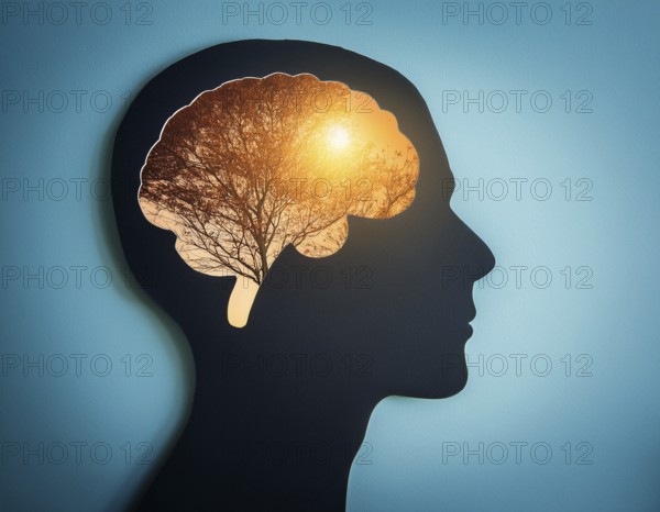 A creative representation of a human head silhouette incorporating an illuminated brain. The image blends nature and intellect themes through the inclusion of a forest background during sunset, AI generated