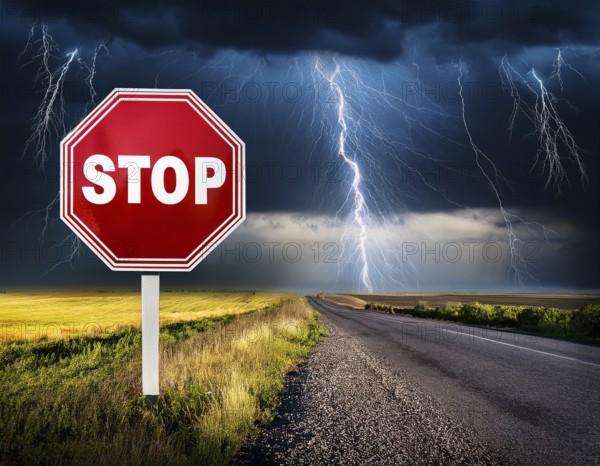 A scenic rural road features a bold red stop sign contrasted against overcast skies and farmlands, creating a striking and moody atmosphere highlighting transportation and nature, AI generated