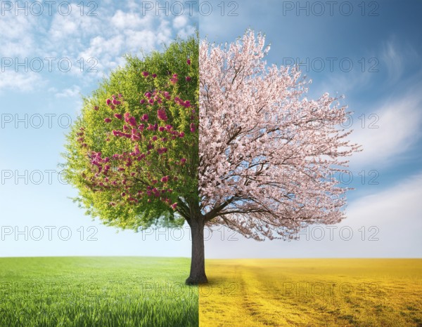 Vivid representation of a tree embodying spring blossoms on one half and autumn fruits on the other, symbolizing changing seasons and harmony, AI generated