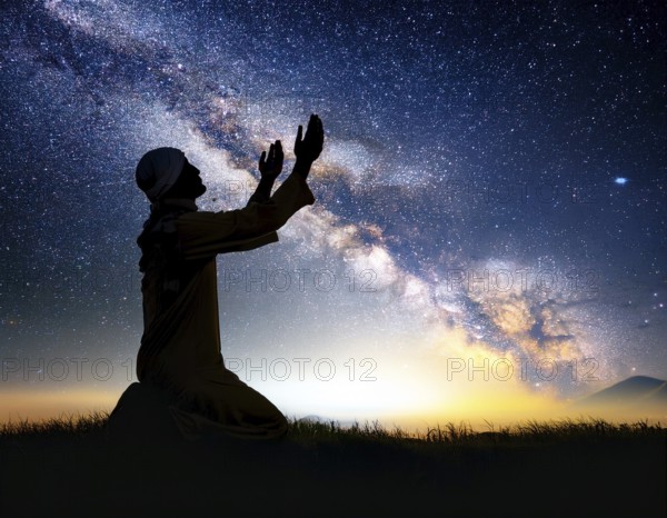 A man kneels in peaceful reflection under the vibrant Milky Way galaxy at sunset in an open natural setting, making prays, AI generated