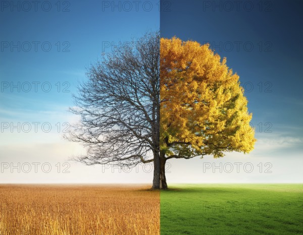 Vivid representation of a tree embodying spring blossoms on one half and autumn fruits on the other, symbolizing changing seasons and harmony, AI generated