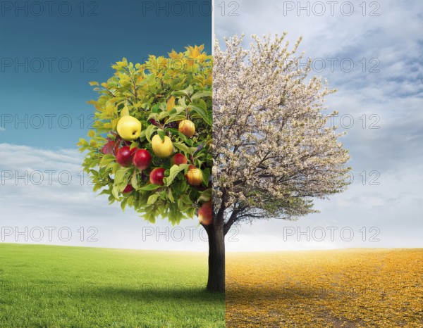 Vivid representation of a tree embodying spring blossoms on one half and autumn fruits on the other, symbolizing changing seasons and harmony, AI generated