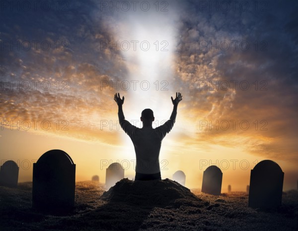 A silhouette of a lone figure walking off a gravestone, The scene evokes Resurrection thoughts emotional depth, AI generated