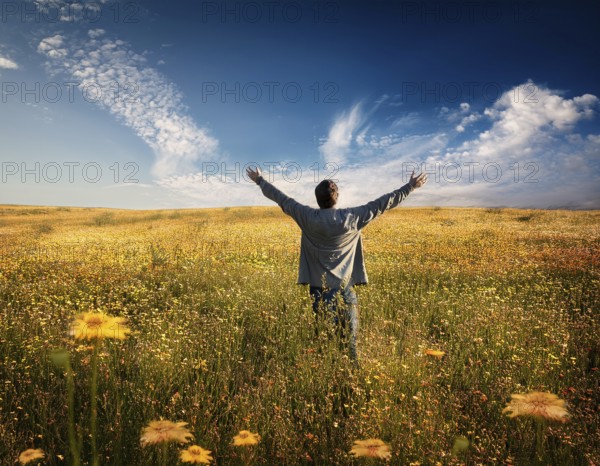 Open raised arms and enjoys achievement, AI generated