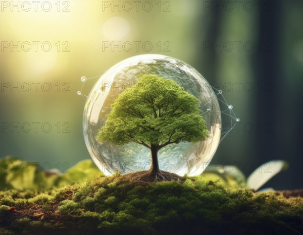 Ecology and Environment concept. Environment Earth Day In the hands of trees growing seedlings, reduce global warming, AI generated