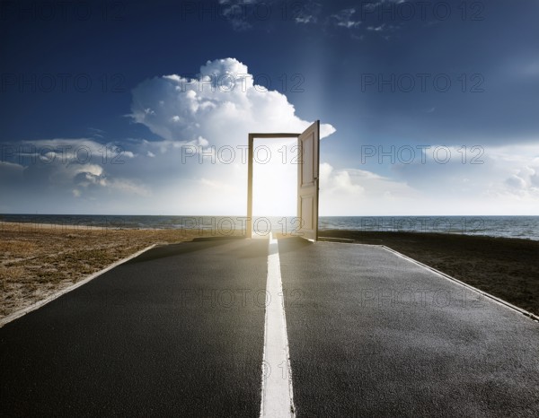 Glowing door is a portal to another world. Mysterious door with glowing light, AI generated