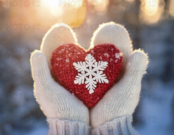 Serene winter scene showcasing hands in gloves holding a snow heart symbolizing love and warmth, AI generated