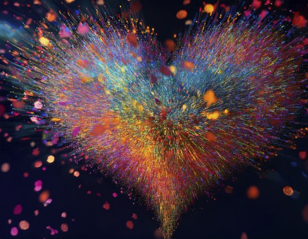 Colorful light particles form a radiant and dynamic heart shape against a dark background, symbolizing love, energy, and emotion, AI generated