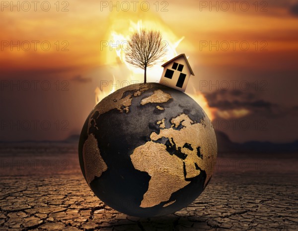 A miniature house and bare tree on cracked soil with a vivid orange sunset, symbolizing environmental challenges and resilience, AI generated