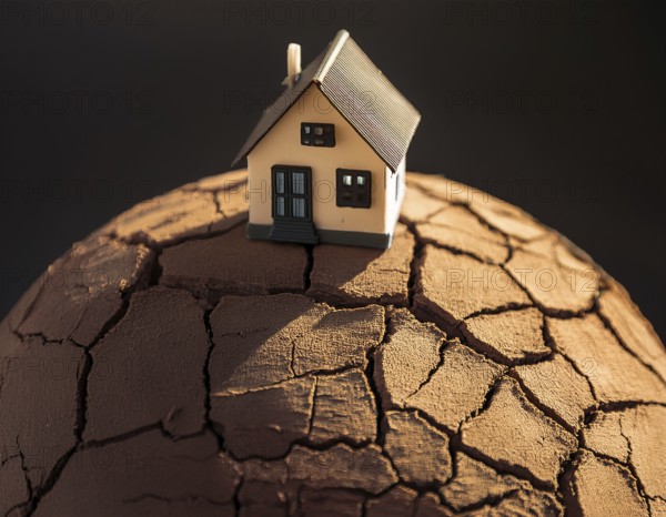 A miniature house and bare tree on cracked soil with a vivid orange sunset, symbolizing environmental challenges and resilience, AI generated