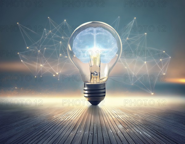 Light bulb with industry network, mind, analysis solution . Creative concept with a light bulb, AI generated