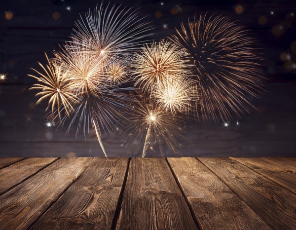 Elegant Fireworks Display Over Wooden Deck During Night Celebration, AI generated