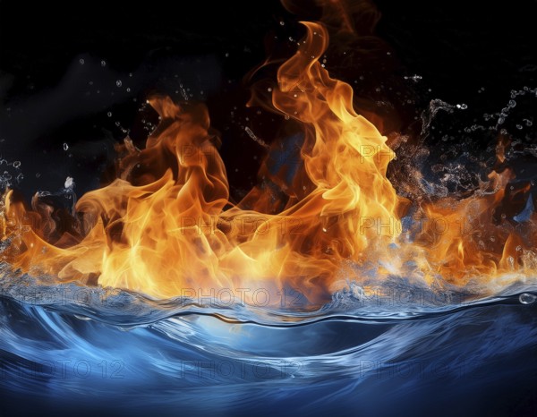 Fiery Flames and Splashing Water Collision on Black Background, AI generated