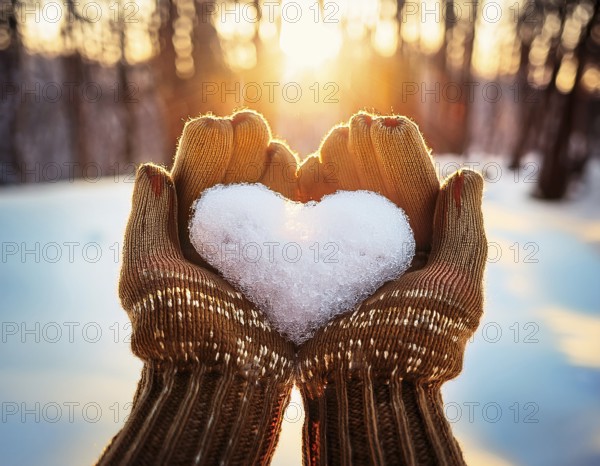 Serene winter scene showcasing hands in gloves holding a snow heart symbolizing love and warmth, AI generated
