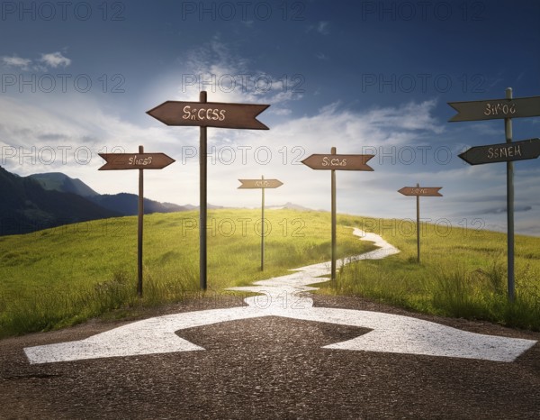 Directional Signpost at Forked Path Illustrating Decision and Choices in Nature, AI generated