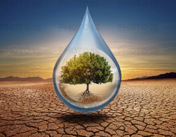 A tree encapsulated in a large water droplet rests on a cracked desert landscape, symbolizing environmental preservation, climate protection, and the essential role of water in sustaining life amidst harsh conditions, AI generated