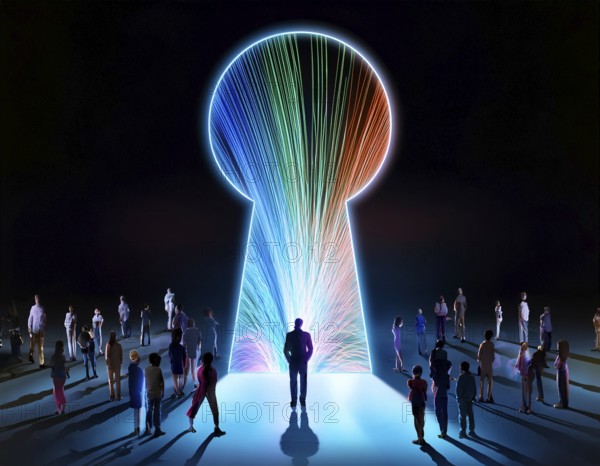 A vast group of people color light trails walking towards a glowing light keyhole in a symbolic display of hope, unity, and collective aspiration, AI generated