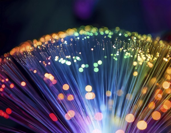 Glowing fiber-optic lights in vivid colors, creating a futuristic and dynamic visual effect, ideal for technology, AI generated