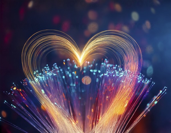 Colorful artistic display featuring vibrant light patterns shaped like a heart, expressing love and creativity through illuminated fibers in a mesmerizing spectrum of rainbow hues, AI generated