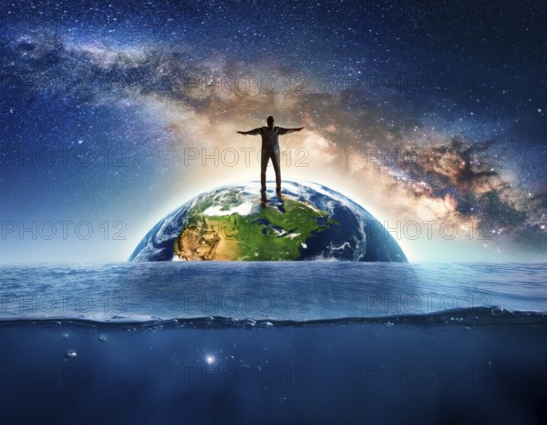 A symbolic depiction of Earth submerged in ocean water amidst melting ice, emphasizing climate change, global warming effects, and environmental conservation. The image portrays rising sea levels and dramatic environmental consequences, AI generated