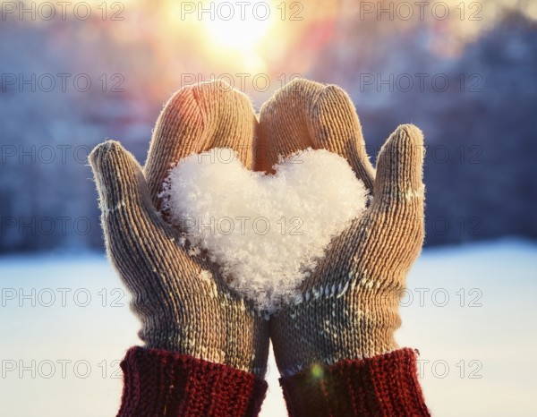 Serene winter scene showcasing hands in gloves holding a snow heart symbolizing love and warmth, AI generated