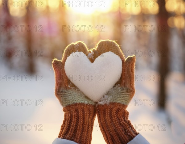 Serene winter scene showcasing hands in gloves holding a snow heart symbolizing love and warmth, AI generated