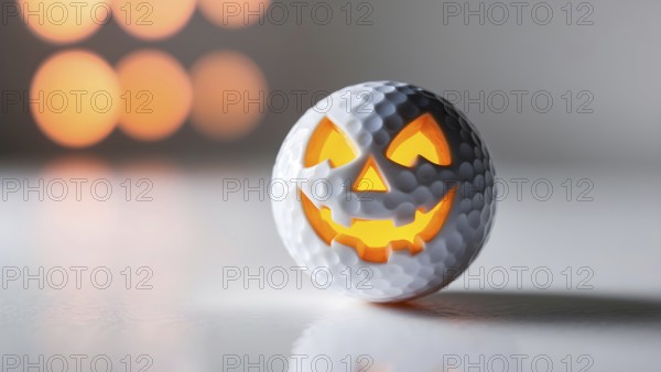 A creatively designed golf ball with a carved, glowing from within with a warm orange light jack-o'-lantern face, perfect for Halloween decor. AI generated