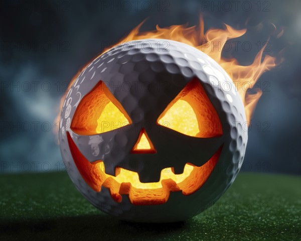 Close up of a burning golf ball styled as a jack-o'-lantern in fire with flames on a grass surface, creating a spooky Halloween atmosphere. AI generated