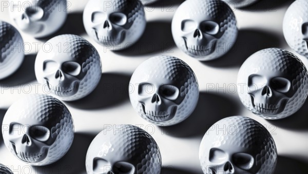 Golf balls with skull designs arranged in a pattern, casting shadows, creating an eerie atmosphere, for Halloween sporting events or festivities. AI generated