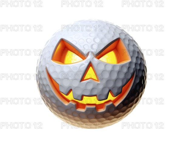 Jack-o-lantern golf ball with carved evil face with glowing orange light inside, for Halloween sports events. Ideal for decoration or themed events. AI generated