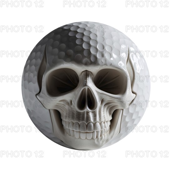 A white golf ball features a detailed skull design on white background that adds a spooky touch for Halloween. Ideal for festive golf games or as a unique decoration. AI generated