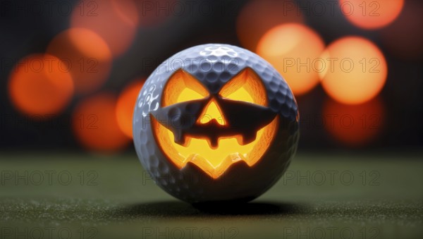 Glowing carved jack o lantern golf ball on Halloween night at golf course with festive lights in background. AI generated
