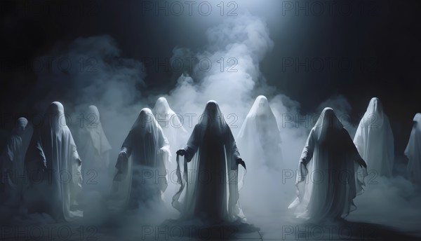 A group of ghostly figures shrouded in white cloaks emerge from thick fog under dim lighting, creating a mysterious and eerie atmosphere. AI generated