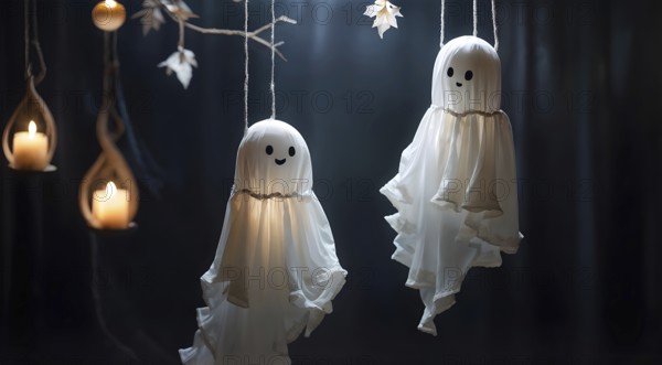 Two hanging ghost decorations with happy faces and candles, creating a whimsical Halloween atmosphere. AI generated