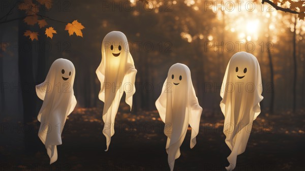 Cute lovely white ghosts float in the air in the autumn forest, the sunset light breaks through trees in background. AI generated