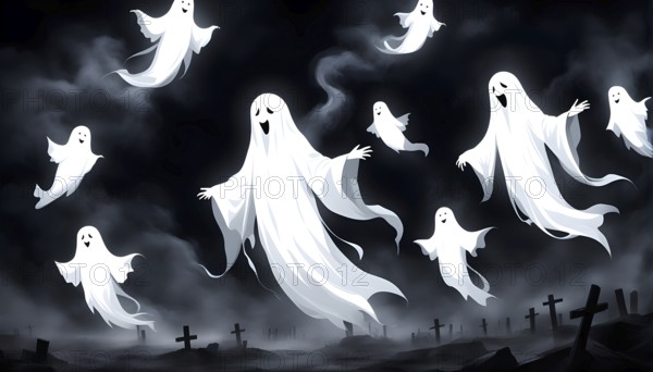 Cartoon ghosts floating in a misty cemetery, creating a spooky and eerie atmosphere at Halloween night. AI generated