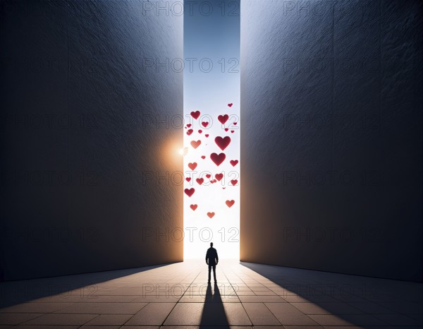 A striking artistic scene depicting a silhouette of a person beneath a vertical column of floating red hearts against a high-contrast background, evoking a sense of love, passion, and wonder, AI generated
