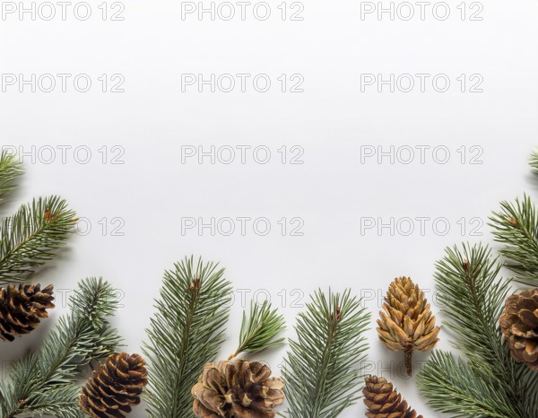 Holiday-themed flat lay with evergreen pine branches and pine cones, evoking a minimalist and festive atmosphere, perfect for winter and seasonal designs, greeting cards, or decorating ideas, AI generated