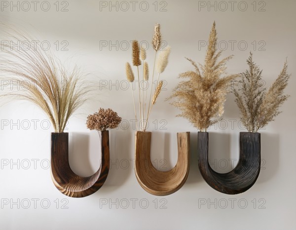 Stylish wooden wall vases holding pampas grass, creating a modern and natural decor. Ideal for home beautification or interior design inspirations, showcasing simplicity combined with artistic and natural elements, AI generated