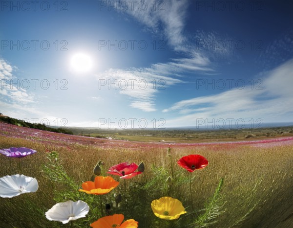 A colorful meadow filled with various wildflowers in full bloom under a vibrant blue sky with dramatic clouds. This scenic view captures the essence of natural beauty and freshness, AI generated