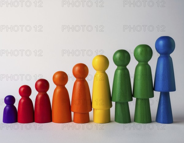 Wooden figurines painted in vibrant rainbow colors, arranged in a neat line on a white surface. This image evokes concepts of diversity, unity, and creativity in a symbolic and aesthetic manner, AI generated