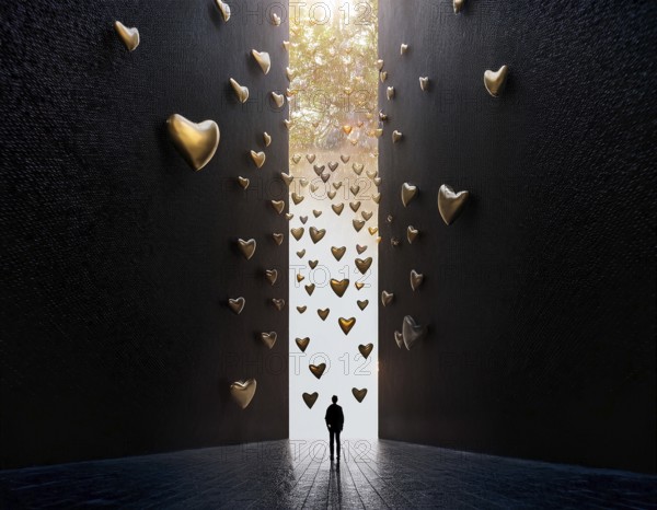 A striking artistic scene depicting a silhouette of a person beneath a vertical column of floating gilded hearts against a high-contrast background, evoking a sense of love, passion, and wonder, AI generated