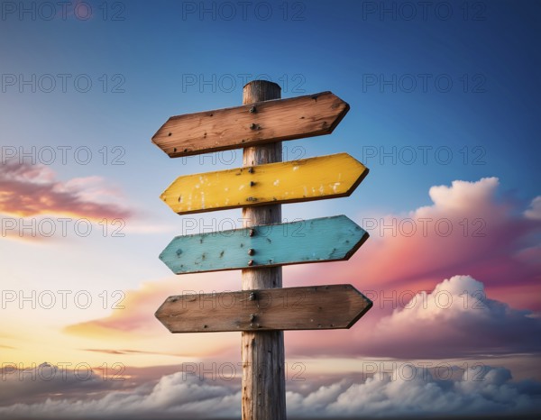 Rustic wooden direction signs painted in vibrant colors with a beautiful sunset background evoking exploration and travel, AI generated