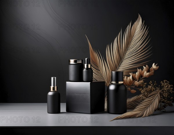 Skincare bottle showcased with dried flowers and a natural prop, creating a minimalist aesthetic. Ideal for branding eco-friendly beauty products or promoting sustainable and organic cosmetics, AI generated