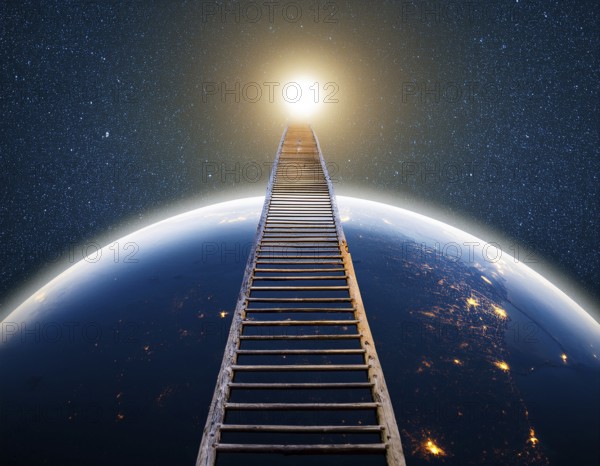 A ladder extends toward the glowing full moon against a starry night sky, evoking dreams and aspiration within a cosmic, surreal landscape filled with wonder and exploration beyond limits, AI generated