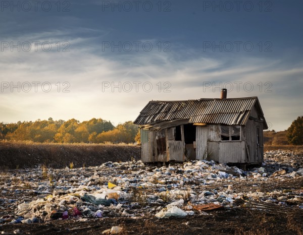 An abandoned house sits amidst scattered garbage in a deserted rural area, conveying environmental degradation. The scene embodies neglect, waste accumulation, and ecological crisis in a starkly barren setting, AI generated