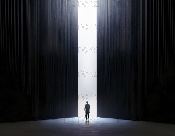 A lone figure stands in a minimalist setting, emphasizing scale, solitude, and illumination. The bright light adds mystery and contrast to the dark surroundings, invoking feelings of wonder and reflection, AI generated