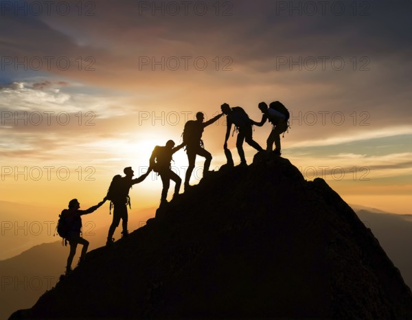 A dynamic depiction of teamwork and determination, climbers ascend a rugged mountain peak during sunset, silhouetted against a vibrant, colorful sky, AI generated