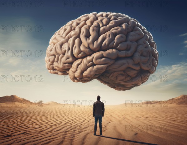 A lone figure stands before a giant brain floating in a surreal desert setting, symbolizing introspection, intelligence, and the complexity of thought, AI generated
